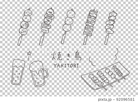 焼き鳥とビールの手描きイラストセット モノクロ のイラスト素材