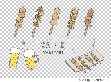 烤雞肉串和啤酒的手繪插圖集（彩色） 92096585