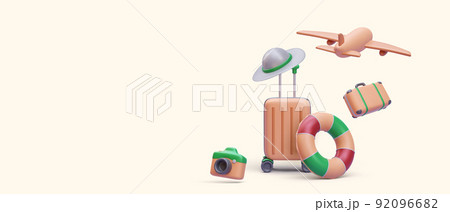 Marketing resort banner in 3d realistic style with plain, suitcase, camera. Vector illustration Marketing resort banner in 3d realistic style with plain, suitcase, camera. Vector illustration 92096682