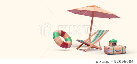 3d realistic render umbrella, beach chair, suitcase, camera, lifebuoy. Vector illustration 92096684