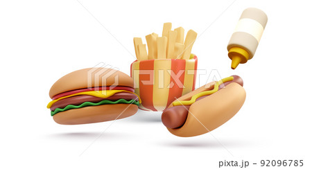 3d realistic fresh tasty burger, hotdog and french fries isolated on white background. Vector illustration 92096785