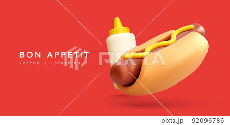 Bon appetit banner with 3d realistic hotdog and mustard bottle on red background. Vector illustration 92096786