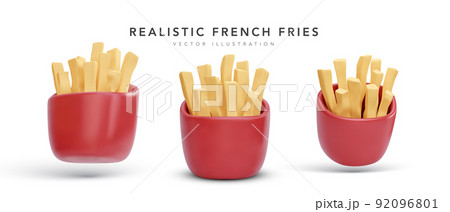 Set of 3d realistic render fries potatoes in red package. Vector illustration 92096801