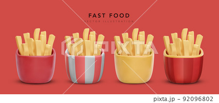 Set of 3d realistic render fries potatoes in package isolated on red background. Vector illustration Set of 3d realistic render fries potatoes in package isolated on red background. Vector illustration 92096802