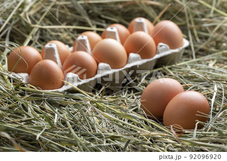 Paper tray with gray chicken eggs on a background of hay. Paper tray with gray chicken eggs on a background of hay. 92096920