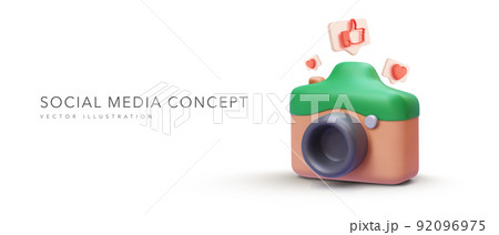 Social media content banner in 3d realistic style with camera and social icons. Vector illustration 92096975