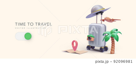 Time to travel concept poster in 3d realistic style with suitcase, palm tree, hat, camera, airplane, map. Vector illustration 92096981