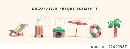 Set of resort elements in 3d realistic style beach chair, suitcase, camera, umbrella, palm tree, lifebuoy. Vector illustration 92096987