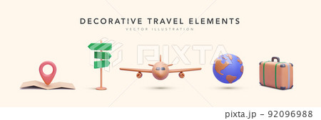 Set of travel elements in 3d realistic style map, road sign, airplane, planet, suitcase. Vector illustration 92096988