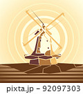 Simple cartoon illustrations of windmill at sunset. 92097303