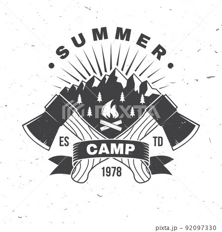 Summer Camp. Vector illustration. Concept for shirt or logo, print, stamp or tee. Vintage typography design with axe, campfire, forest and mountain silhouette. Camping quote. Summer Camp. Vector illustration. Concept for shirt or logo, print, stamp or tee. Vintage typography design with axe, campfire, forest and mountain silhouette. Camping quote. 92097330