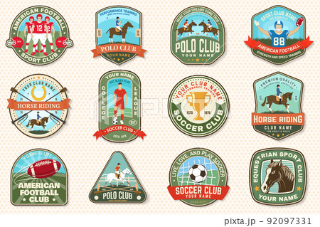 Set of american football, soccer, polo and horse riding club embroidery patch. Vector. Sticker design with soccer, american football sportsman player, helmet, ball rider and horse silhouette. Set of american football, soccer, polo and horse riding club embroidery patch. Vector. Sticker design with soccer, american football sportsman player, helmet, ball rider and horse silhouette. 92097331
