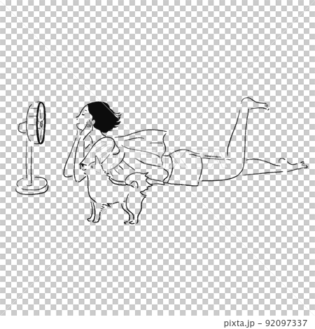 A woman lying down, a dog, a fan, relaxing A woman lying down, a dog, a fan, relaxing 92097337