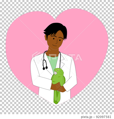 グリーンのオウムと若い黒人男性の獣医の挿し絵　ハートマーク 92097381