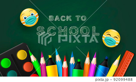 Back to school - blackboard with pencils, markers and chalk lettering. Two cheerful round faces in masks. Vector Back to school - blackboard with pencils, markers and chalk lettering. Two cheerful round faces in masks. Vector 92099488
