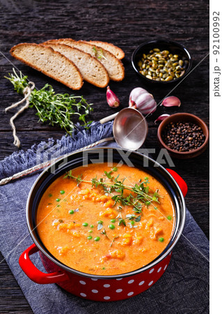 roast sweet potato and carrot soup with green peas roast sweet potato and carrot soup with green peas 92100992
