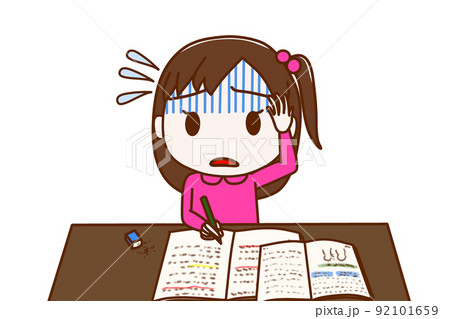 (上半身正面)一生懸命勉強をしているが解けなくて焦っている少女 (上半身正面)一生懸命勉強をしているが解けなくて焦っている少女 92101659