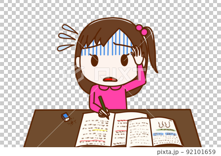 (上半身正面)一生懸命勉強をしているが解けなくて焦っている少女 (上半身正面)一生懸命勉強をしているが解けなくて焦っている少女 92101659