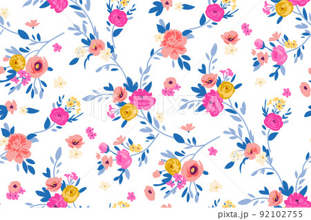 Contemporary floral print with small meadow flowers on lea for digital surface and textile in liberty style ,ornate vector template Contemporary floral print with small meadow flowers on lea for digital surface and textile in liberty style ,ornate vector template 92102755