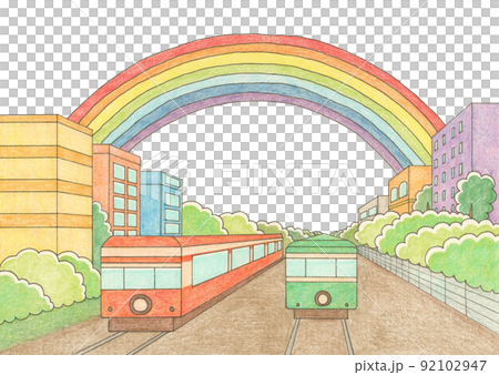 虹の下を走るレトロな電車　カラー 92102947