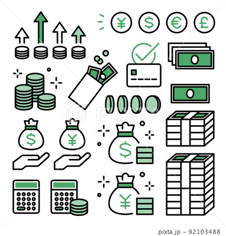 お金・紙幣・コイン・支払い・投資・会計・通貨のアイコンセット 92103488