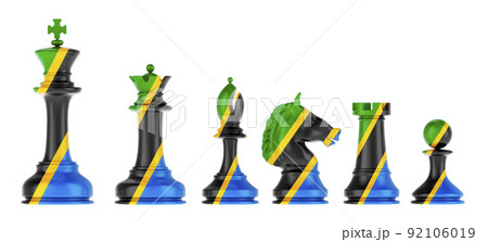 Chess figures with Tanzanian flag, 3D rendering Chess figures with Tanzanian flag, 3D rendering 92106019