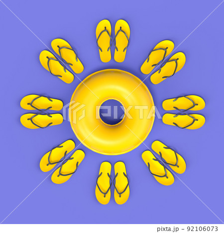 Colorful inflatable ring and flip flops like sun on blue background 92106073