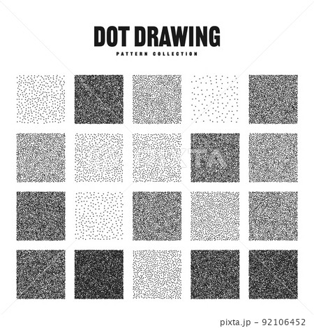 Square shaped dotted objects, stipple elements. Stippling, dotwork drawing, shading using dots. Pixel disintegration, halftone effect. White noise grainy texture, pattern. Vector illustration 92106452
