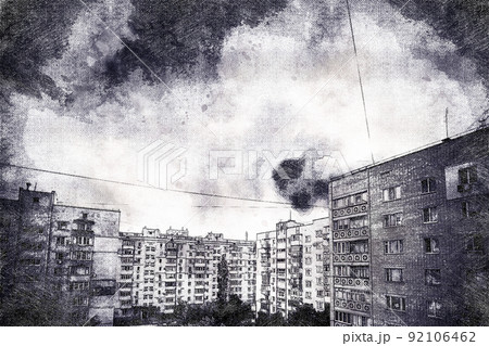 Thunderstorm clouds over a residential area of the city. Digital watercolor painting. Contemporary art. Canvas texture. 92106462