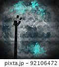 Light pole against the night sky. Pillar with floodlights. Dark thunderstorm sky. Digital watercolor painting. Contemporary art. Canvas texture. 92106472