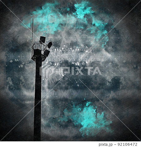 Light pole against the night sky. Pillar with floodlights. Dark thunderstorm sky. Digital watercolor painting. Contemporary art. Canvas texture. 92106472