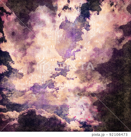 Dark blue sky with clouds. Digital watercolor painting. Contemporary art. Canvas texture. 92106473