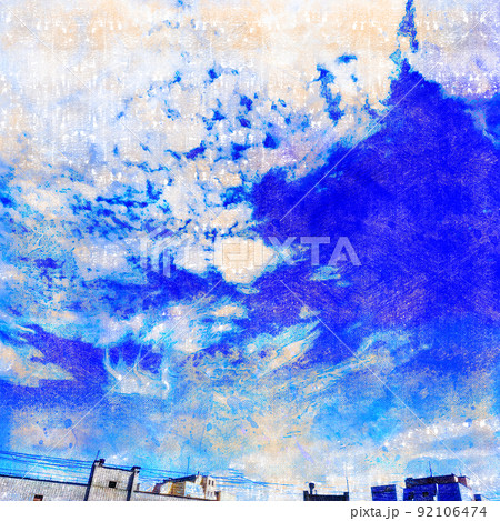 Blue sky with white clouds. Bright summer sky over a residential area of the city. Digital watercolor painting. Contemporary art. Canvas texture. 92106474