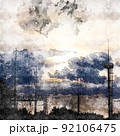 Dark sky with clouds over an industrial area. Gantry crane with a hook. Pillars with floodlights and lightning rods. Digital watercolor painting. Contemporary art. Canvas texture. 92106475