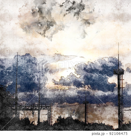 Dark sky with clouds over an industrial area. Gantry crane with a hook. Pillars with floodlights and lightning rods. Digital watercolor painting. Contemporary art. Canvas texture. 92106475
