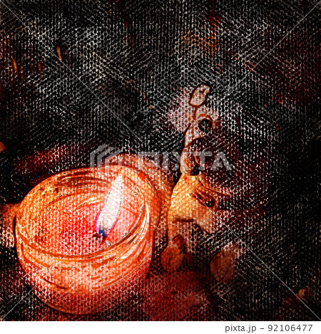 Burning candle and dog toy. Memory of dead or deceased pre-sleeping pets concept. Digital watercolor painting. Contemporary art. Canvas texture. 92106477