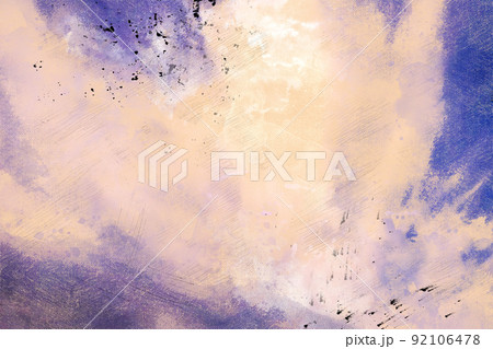 Beautiful pink sky with clouds. Irregular brush strokes. Black splashes and drops of paint on the canvas. Digital watercolor painting. Contemporary art. Canvas texture. 92106478