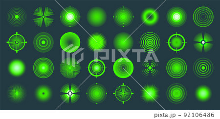 Thermal, night vision scope. Crosshair, gun sight vector icons. Bullseye, target or aim symbol. Military rifle scope, shooting mark sign. Targeting, aiming for a shot. Green radar waves, circles 92106486