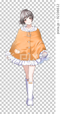 [Natural hair color] Girl in charge of ponytail orange wearing a poncho 92106612
