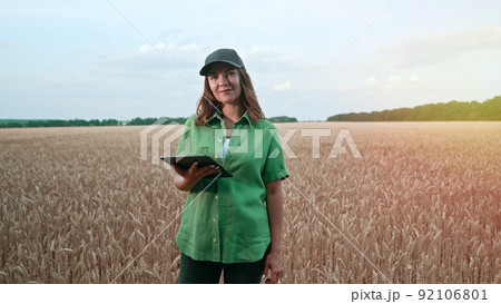 Woman agronomist works in ripe wheat field with digital tablet, checking integrity of ears, growth Woman agronomist works in ripe wheat field with digital tablet, checking integrity of ears, growth 92106801