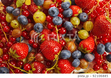 Berries overhead colorful assorted mix of strawberry, blueberry, red currant. Berries overhead colorful assorted mix of strawberry, blueberry, red currant. 92106885