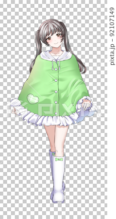 [Natural hair color] Girl in charge of twin tail green wearing a poncho 92107149