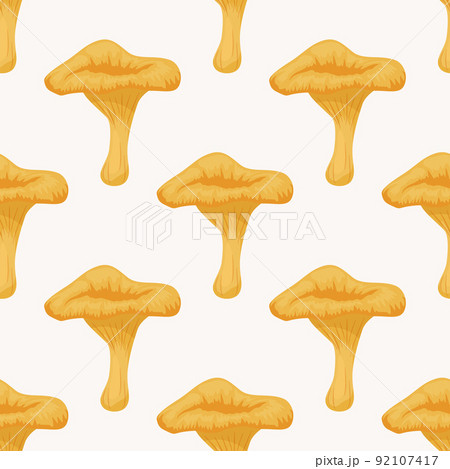 Vector Seamless Pattern with Chanterelle Mushroom on White. Seamless Texture, Hand Drawn Cartoon Chanterelle Mushrooms. Design Template for Textile, Wallpaper, Print. Cantharellus Cibarius Vector Seamless Pattern with Chanterelle Mushroom on White. Seamless Texture, Hand Drawn Cartoon Chanterelle Mushrooms. Design Template for Textile, Wallpaper, Print. Cantharellus Cibarius 92107417