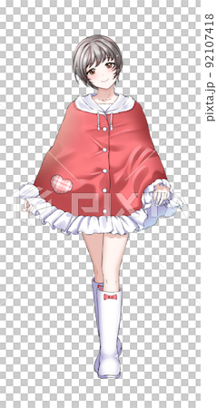 [Natural hair color] A short-cut girl in charge of red wearing a poncho 92107418