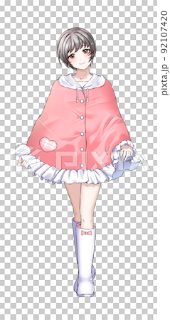 [Natural hair color] Pink short-cut girl wearing a poncho 92107420