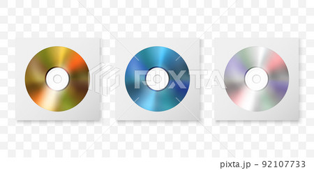 Vector 3d Realistic Golden, Blue and Multicolor CD, DVD in Paper, Plastic Case, Package, Envelope Set Closeup Isolated on White Background. Design Template for Mockup, Copy Space. Top View 92107733