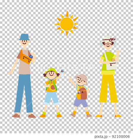 Summer family _ Going out with four family members _ Parents and sisters _ Hats and water bottles _ Hand-drawn illustrations Summer family _ Going out with four family members _ Parents and sisters _ Hats and water bottles _ Hand-drawn illustrations 92108006