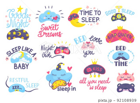 Dream mask. Bedtime elements, cute masks eyes and positive phrases. Night sweet dreams accessories, sleeping beauty girls neoteric vector stickers 92108939