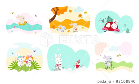 Happy cartoon bunny in different seasons. Cute fun bunnies walk in autumn forest, drive auto with christmas tree. New year holidays and summer time nowaday vector kid prints 92108940