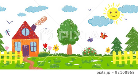 Kids drawing garden. Child crayon pastel picture with home flower and fence. Cloud in sky, little kid paint. Farm family house childish neoteric vector seamless pattern Kids drawing garden. Child crayon pastel picture with home flower and fence. Cloud in sky, little kid paint. Farm family house childish neoteric vector seamless pattern 92108968